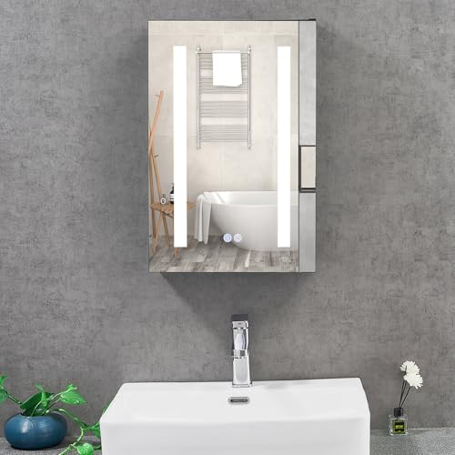 T&K LED Badezimmer Spiegelschrank mit Beleuchtung und Entfogging 40x60cm, mit Glasablage, Steckdosen und USBs Wandmontierter Aluminium Rahmenwerk Badspiegelschrank von T&K