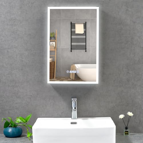 T&K LED Badezimmer Spiegelschrank mit Beleuchtung und Entfogging 40x60cm, mit Zeit und Temperaturanzeige, 3 Lichtfarbe Einstellbar, Steckdose und USB-Stecker, Aluminium Rahmenwerk Badspiegelschrank von T&K