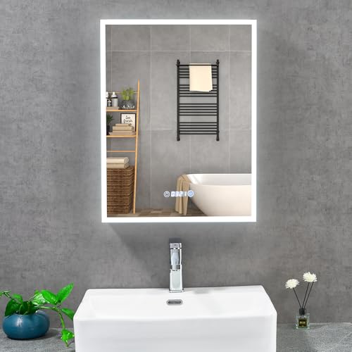 T&K LED Badezimmer Spiegelschrank mit Beleuchtung und Entfogging 50x65cm, mit Zeit und Temperaturanzeige, 3 Lichtfarbe Einstellbar, Steckdose und USB-Stecker, Aluminium Rahmenwerk Badspiegelschrank von T&K