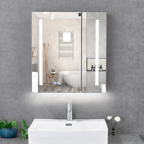T&K LED Badezimmer Spiegelschrank mit Beleuchtung und Entfogging 60x65cm, mit Glasablage, unterer Umgebungsbeleuchtung, Steckdosen und USBs Doppelter Tür Aluminium Rahmenwerk Badspiegelschrank T&K LED Badezimmer Spiegelschrank mit Beleuchtung und Entfogging 60x65cm, mit Glasablage, unterer Umgebungsbeleuchtung, Steckdosen und USBs Doppelter Tür Aluminium Rahmenwerk Badspiegelschrank von T&K