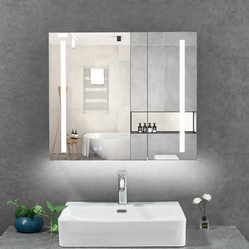T&K LED Badezimmer Spiegelschrank mit Beleuchtung und Entfogging 75x65cm, mit Glasablage, unterer Umgebungsbeleuchtung, Steckdosen und USBs Doppelter Tür Aluminium Rahmenwerk Badspiegelschrank T&K LED Badezimmer Spiegelschrank mit Beleuchtung und Entfogging 75x65cm, mit Glasablage, unterer Umgebungsbeleuchtung, Steckdosen und USBs Doppelter Tür Aluminium Rahmenwerk Badspiegelschrank von T&K