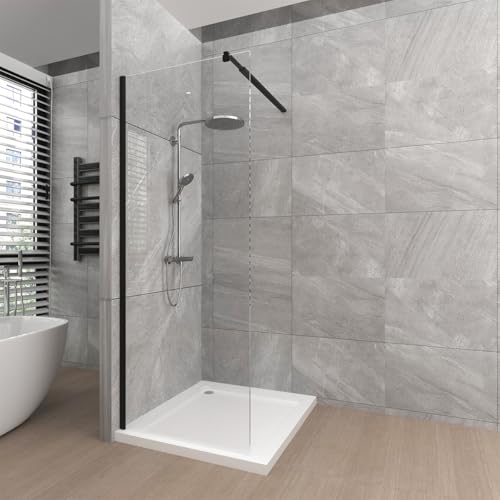 T&K Walk in Duschwand 70x190 cm Schwarz, Walk-In Dusche Duschtrennwand Glas, 8 mm gehärtetes Sicherheitsglas beidseitig leicht zu reinigen, Mit einziehbarem Stützbalken von T&K