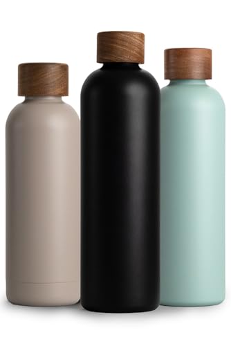 T&N Edelstahl Trinkflasche 1 Liter, Thermosflasche 1l mit Akazienholz Deckel, Isolierte Wasserflasche auslaufsicher bei Kohlensäure, Isolierflasche 1000ml - Anthrazit von T&N
