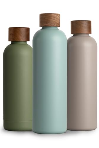 T&N Edelstahl Trinkflasche 1 Liter, Thermosflasche 1l mit Akazienholz Deckel, Isolierte Wasserflasche auslaufsicher bei Kohlensäure, Isolierflasche 1000ml - Aqua Turquoise von T&N