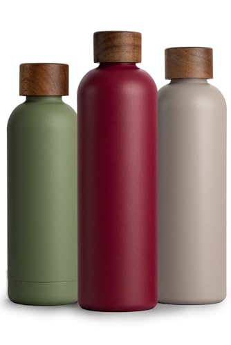 T&N Edelstahl Trinkflasche 1 Liter, Thermosflasche 1l mit Akazienholz Deckel, Isolierte Wasserflasche auslaufsicher bei Kohlensäure, Isolierflasche 1000ml - Berry Red von T&N