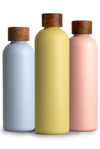 T&N Edelstahl Trinkflasche 1 Liter, Thermosflasche 1l mit Akazienholz Deckel, Isolierte Wasserflasche auslaufsicher bei Kohlensäure, Isolierflasche 1000ml - Lemon Squeeze Yellow von T&N
