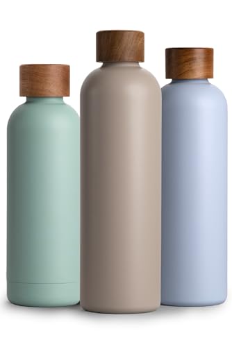 T&N Edelstahl Trinkflasche 1 Liter, Thermosflasche 1l mit Akazienholz Deckel, Isolierte Wasserflasche auslaufsicher bei Kohlensäure, Isolierflasche 1000ml - Mud Grey von T&N