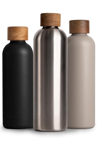 T&N Edelstahl Trinkflasche 1 Liter, Thermosflasche 1l mit Akazienholz Deckel, Isolierte Wasserflasche auslaufsicher bei Kohlensäure, Isolierflasche 1000ml - Silber von T&N