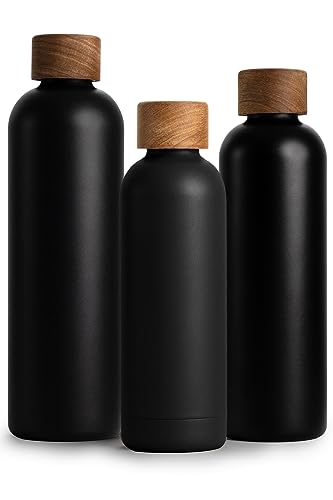 T&N Edelstahl Trinkflasche 500ml, Thermosflasche 0.5l mit Akazienholz Deckel, Isolierte Wasserflasche auslaufsicher bei Kohlensäure, Isolierflasche 500 ml - Anthrazit von T&N