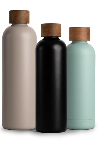 T&N Edelstahl Trinkflasche 750ml, Thermosflasche 0.75l mit Akazienholz Deckel, Isolierte Wasserflasche auslaufsicher bei Kohlensäure, Isolierflasche 750 ml - Anthrazit von T&N