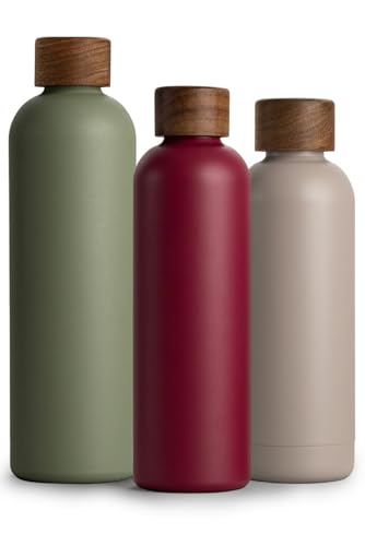 T&N Edelstahl Trinkflasche 750ml, Thermosflasche 0.75l mit Akazienholz Deckel, Isolierte Wasserflasche auslaufsicher bei Kohlensäure, Isolierflasche 750 ml - Berry Red von T&N