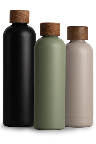 T&N Edelstahl Trinkflasche 750ml, Thermosflasche 0.75l mit Akazienholz Deckel, Isolierte Wasserflasche auslaufsicher bei Kohlensäure, Isolierflasche 750 ml - Olive Green von T&N