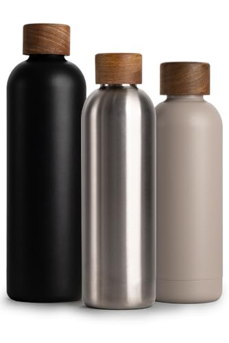 T&N Edelstahl Trinkflasche 750ml, Thermosflasche 0.75l mit Akazienholz Deckel, Isolierte Wasserflasche auslaufsicher bei Kohlensäure, Isolierflasche 750 ml - Silber von T&N