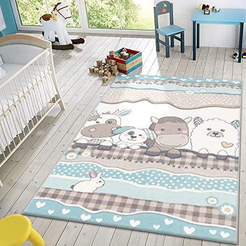 Kinder Teppich Moderner Spielteppich Bauernhof Tiere Pastell Töne In Beige Creme, Größe:140x200 cm von T&T Design