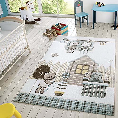 T&T Design Kinder Teppich Moderner Spielteppich Teddy Welt Pastell Töne In Blau Creme, Größe:120x170 cm von T&T Design