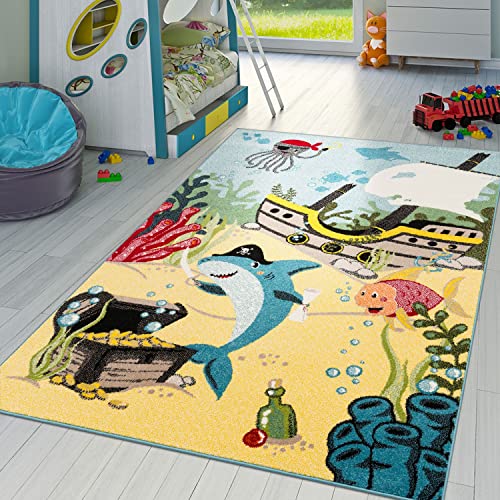 T&T Design Kinderzimmer Teppich Unterwasserwelt Kurzflor in Türkis Grau Grün Pink Blau, Größe:200x280 cm von T&T Design
