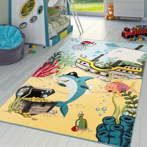 T&T Design Kinderzimmer Teppich Unterwasserwelt Kurzflor in Türkis Grau Grün Pink Blau, Größe:80x150 cm von T&T Design