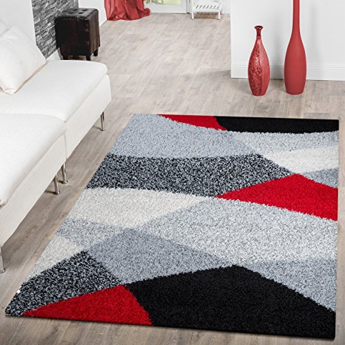 T&T Design Moderner Hochflor Teppich Shaggy Vigo Gemustert in Schwarz Grau Weiß Rot Top Preis!!, Größe:140x200 cm von T&T Design