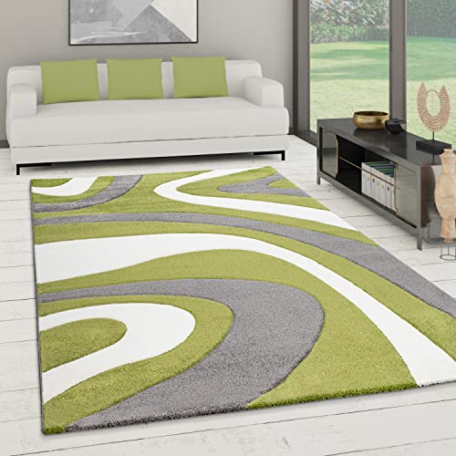 T&T Design Teppich Für Wohnzimmer Moderner Weicher Kurzflor Mit Wellen Muster, Farbe: Gruen, Größe:80x150 cm von T&T Design