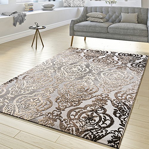 T&T Design Teppich Wohnzimmer Abstrakt Ornament Muster Kurzflor Teppich Meliert Grau Beige, Größe:160x230 cm von T&T Design