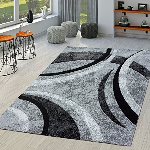 T&T Design Teppich Wohnzimmer Gestreift Modern mit Konturenschnitt in Grau Schwarz Meliert, Größe:80x150 cm von T&T Design
