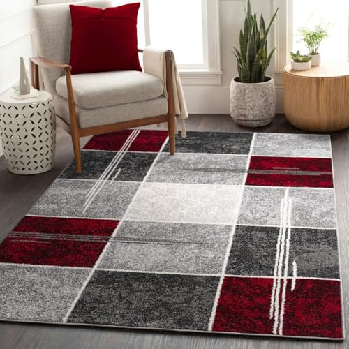 Teppich Günstig Karo Design Modern Wohnzimmerteppich Grau Rot Top Preis, Größe:160x220 cm von T&T Design