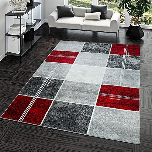 Teppich Günstig Karo Design Modern Wohnzimmerteppich Grau Rot Top Preis, Größe:190x280 cm von T&T Design