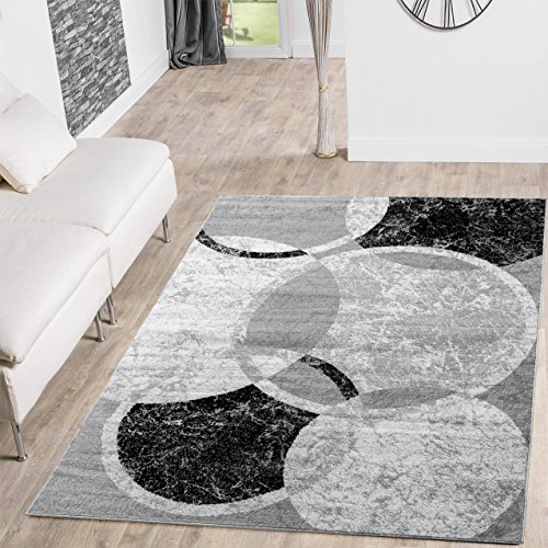 Teppich Günstig Kreis Design Modern Wohnzimmerteppich Grau Creme Schwarz Meliert, Größe:160x220 cm von T&T Design