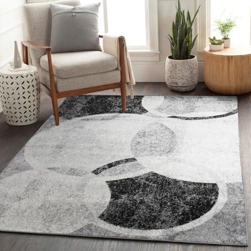 Teppich Günstig Kreis Design Modern Wohnzimmerteppich Grau Creme Schwarz Meliert, Größe:60x100 cm von T&T Design