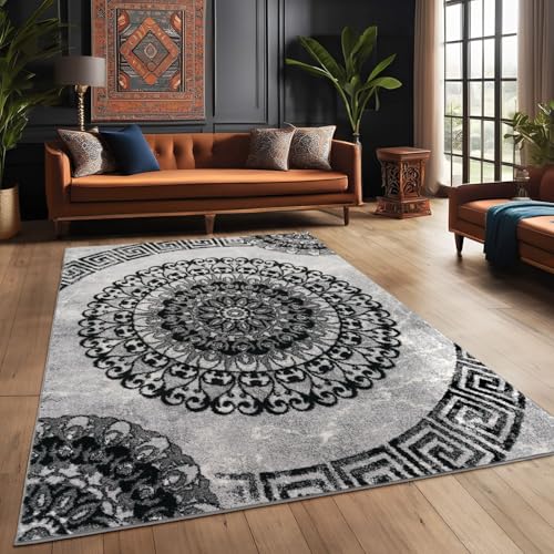 Teppiche Palermo Klassisches Design Wohnzimmer Teppich Grau Schwarz Meliert, Größe:80x300 cm von T&T Design