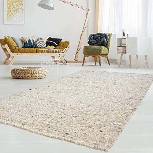 Gewalkter Handweb-Teppich Lambrecht aus hochwertiger Schurwolle edel und aufwendig verarbeitet fürs Wohnzimmer, Eszimmer, Schlafzimmer und die Küche geeignet 63 Grau Beige meliert 200 x 290 cm von T.Carpet