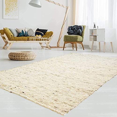 T.Carpet Gewalkter Handweb-Teppich Lambrecht aus hochwertiger Schurwolle edel und aufwendig verarbeitet fürs Wohnzimmer, Eszimmer, Schlafzimmer und die Küche geeignet 60 Beige meliert 070 x 130 cm von T.Carpet