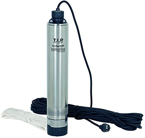 T.I.P. Tiefbrunnenpumpe Edelstahl 800W, 3300 l/h Förderleistung, 50m Förderhöhe, 5 bar Druck mit inkl. Ablassseil & 23m Anschlusskabel, für schmale Bohrbrunnen, AJ 4 Plus 55/50, 30104 von T.I.P.
