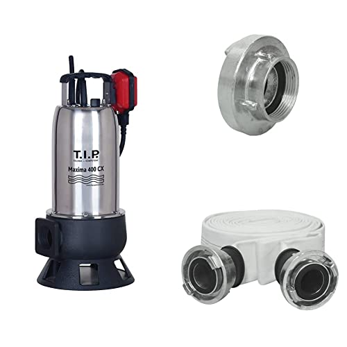 T.I.P. Schmutzwasser Tauchpumpe Baupumpe Maxima 400 CX Mit C 52-Storz-Kupplung, 1,5 Zoll IG - 45,48 mm Und Bau- Und Industriegewebeschlauch Mit 2″ C 52-Storz-Kupplungen von T.I.P.