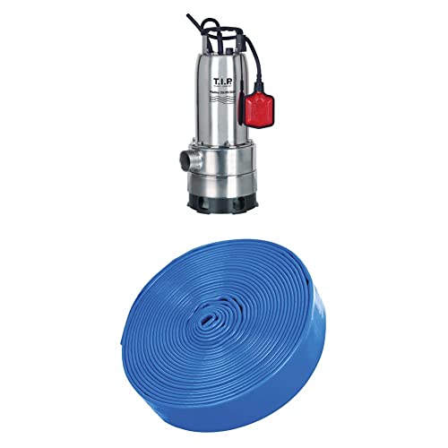 T.I.P. Schmutzwasser Tauchpumpe Maxima 350 IPX DUO mit ausziehbarem Pumpenfuß Edelstahl + T.I.P. Entwässerungsschlauch / Flachschlauch blau von T.I.P.