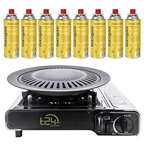 Edelstahl Campingkocher Outdoor Gaskocher Herd + Grillplatte + Gasflaschen Outdoor Camping Gaskocher Set (Kocher + Grillplatte + 8 Gaskartuschen) von T24