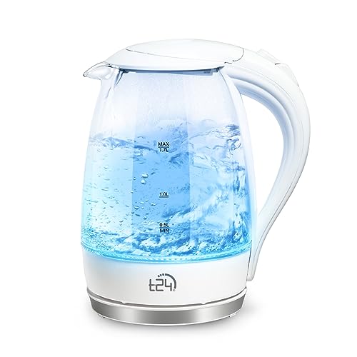 T24 LED Glas Wasserkocher 1,7 Liter mit LED-Beleuchtung, Wasserkocher Glas, Wasserkocher weiß, 2200W, Heißwasserspender, Glaswasserkocher | TÜV Rheinland GS Zertifiziert… (Weiß) von T24