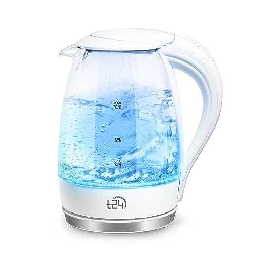 T24 LED Glas Wasserkocher 1,7 Liter mit LED-Beleuchtung, Trockenlaufschutz, BPA-frei, 2200 Watt | TÜV Rheinland GS geprüft, weiß von T24