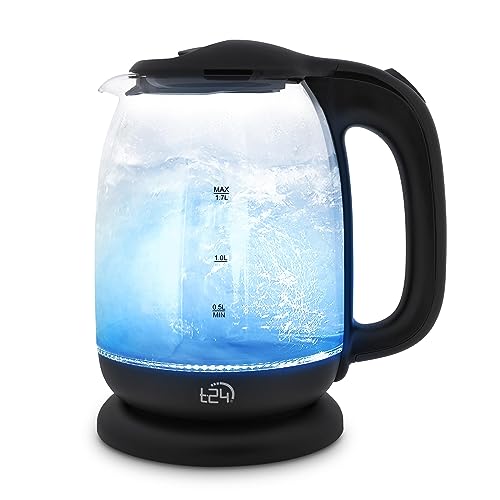 T24 LED Glas Wasserkocher 1,7 Liter mit LED-Beleuchtung, Wasserkocher Glas, Wasserkocher schwarz, kettle, Heißwasserspender, Electric kettle 2200W | TÜV Rheinland GS Zertifiziert von T24