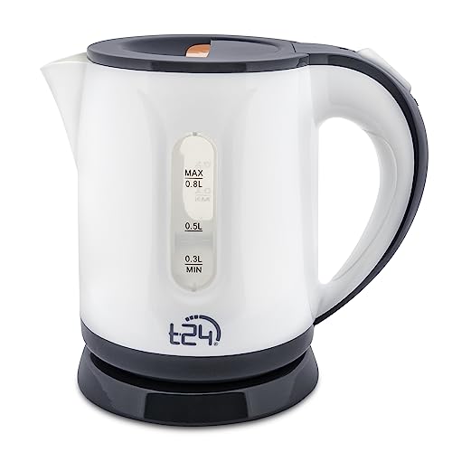 T24 Wasserkocher Klein 0,8L - Kompakt & Leicht, 1100W, BPA-Frei, Trockenlauf- & Überhitzungsschutz, TÜV Rheinland GS Zertifiziert, Ideal für Reisen, Grau-Weiß von T24