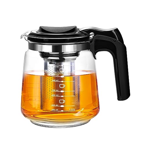 T24 Teekanne aus Glas mit Siebaufsatz Hitzebeständig herausnehmbaren Edelstahl Filter Sieb, Glasteekanne mit Teesieb & Wasserstandanzeige, Ideal zur Zubereitung von Losen Tees, Teapot (1500 ml) von T24