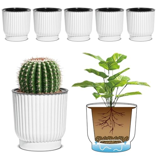 T4U 10cm Selbstbewässerung Blumentopf mit Docht Blumentöpfe Kunststoff, für Basilikum, Hydrokultur Topf, Mini Blumentopf Innen Weiß 6er-Set von T4U