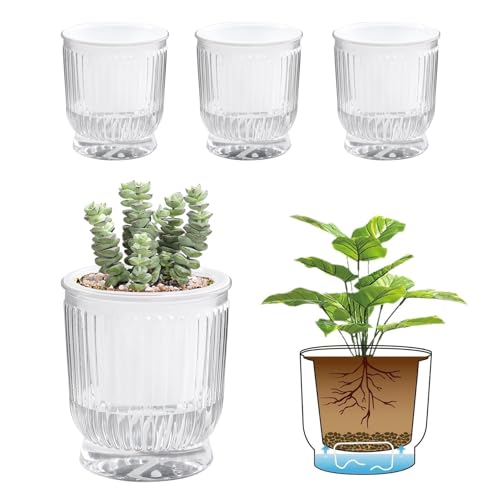 T4U 10cm Selbstbewässerungstopf Blumentöpfe mit Baumwollseil und Tiefem Wassertank 4 Stück, Blumentopf Set für Orchideentopf Transparent,Kräutertopf Hydrokultur Topf, für Alle Zimmerpflanzen, Blumen von T4U