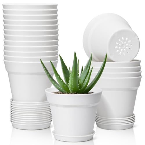 T4U 12,5 cm Plastik Blumentopf mit Untersetzer, 18er-Set Blumentöpfe Innen Übertopf mit Mehrere Ablauflöchern, Kleine Pflanzentopf Plant Pot, Blumentopf Weiß für Büro Balkon von T4U