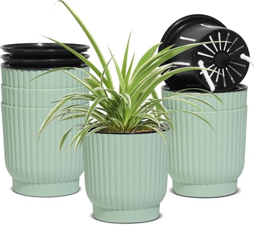 T4U 12cm Kunststoff Selbstbewässerung Blumentopf mit Docht Pflanzentopf Set für Orchideentopf, Kräutertopf, Basilikum Topf, Hydrokultur Topf Innen Blumentopf mit Bewässerungssystem Grün 6er-Set von T4U