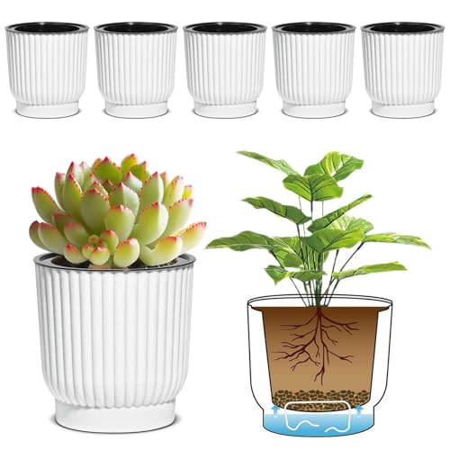 T4U 12cm Selbstbewässerung Blumentopf mit Docht Kunststoff Pflanzentopf, Selbstbewässerungstopf für Orchideen, Basilikum Topf, Blumentopf Klein Set Weiß 6er-Set von T4U