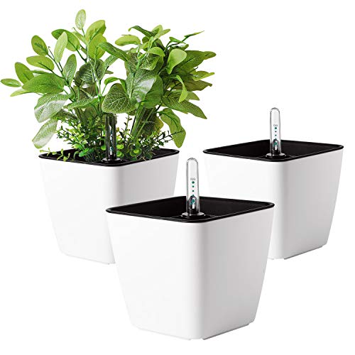 T4U 13cm Klein Plastik Selbstbewässerung Blumentopf Eckig Weiß mit Wasseranzeiger 3er-Set für Miniaturpflanzen von T4U