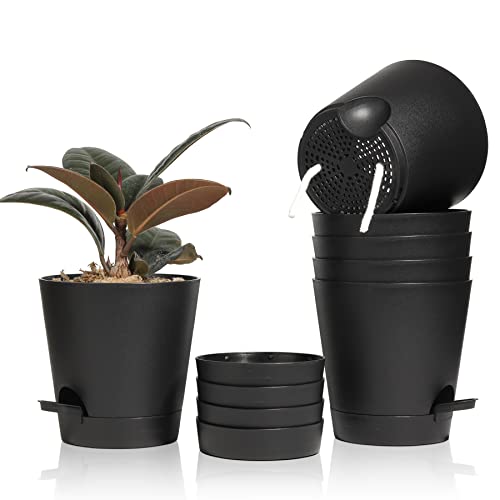 T4U 14cm Kunststoff Blumentopf mit Bewässerungssystem, 6er-Set Selbstbewässerung Übertopf mit Untersetzer, Rund Pflanzkübel für Innen und Balkon Garten Pflanzen Sukkulenten Kaktus, Schwarz von T4U