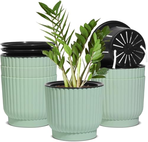 T4U 15cm Kunststoff Blumentopf mit Bewässerungssystem, Blumentopf Set Innen und Draussen für Orchideentopf, Kräutertopf Hydrokultur Topf, Selbstbewässerungstopf Grün 6er-Set von T4U