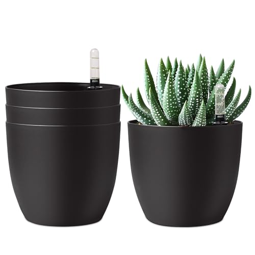 T4U 15cm Selbstwässernder Blumentopf mit Wasseranzeiger Schwarz 4er-Set, Selbstbewässerung Wasserspeicher Pflanzgefäß Übertopf für Innen- und Außenbereich von T4U